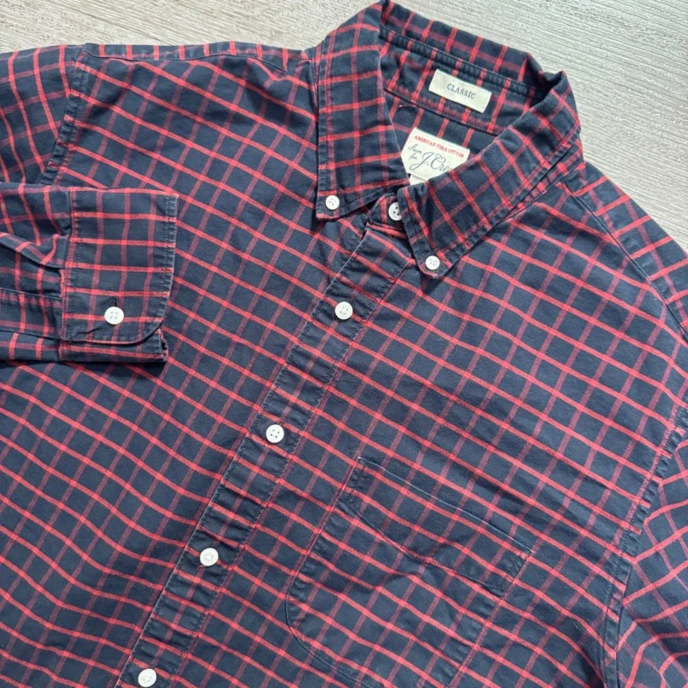 J Crew Shirt Mens Medium Red Blue Check Pima Cotton Oxford OCBD Classic Fit